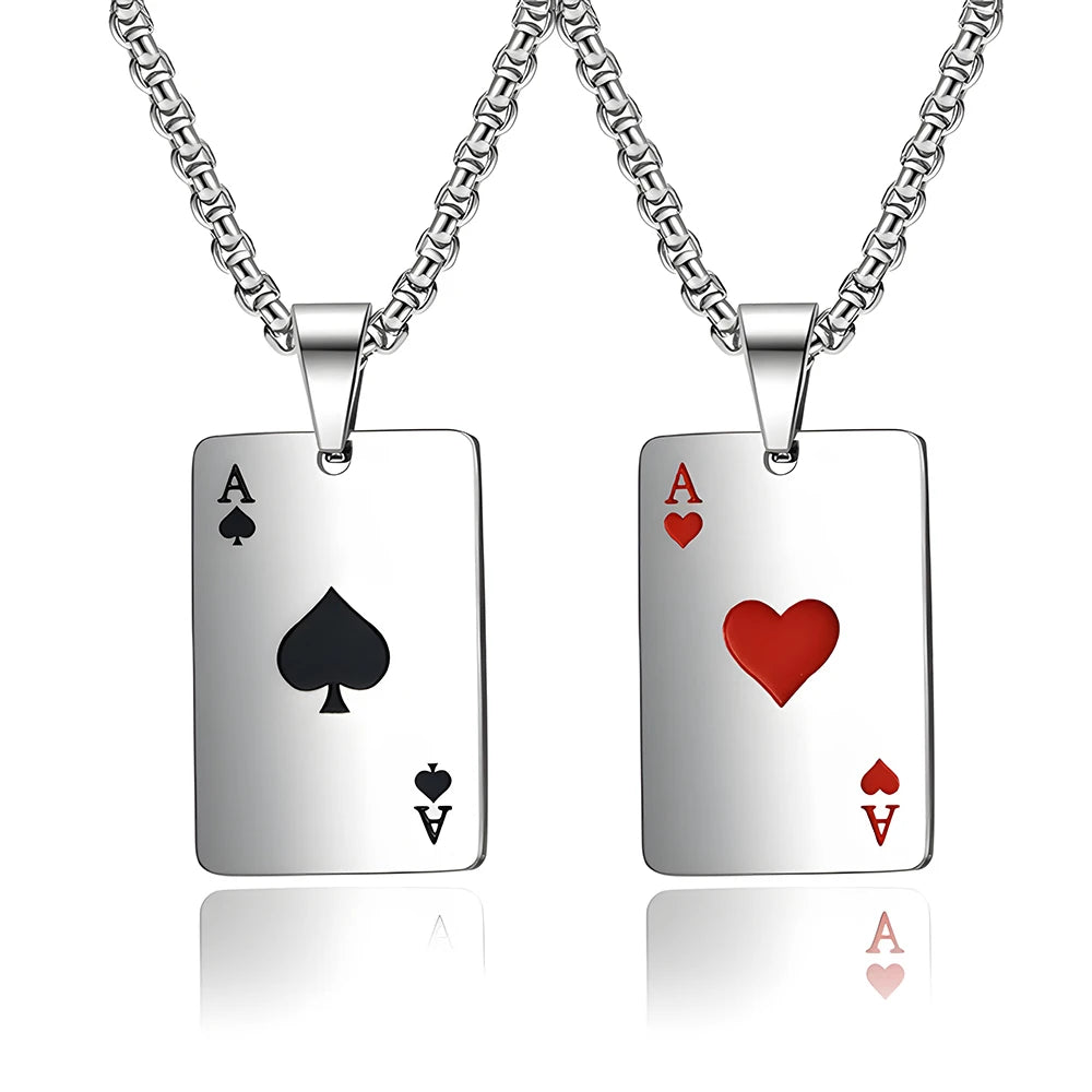 Hip Hop Poker Card Necklace – Stainless Steel Ace of Spades & Hearts Pendant Chain for Men