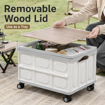 Foldable Storage Box with Wheels - Camping Gear Organizer with Wooden Lid for Car Trunk & Outdoor Use