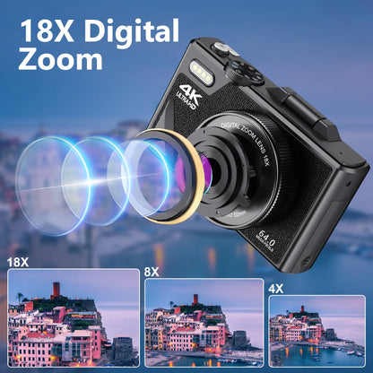 4K Camera for Photography – 18X Digital Zoom, 64MP Vlogging Camcorder, 3'' Flip Screen, WIFI Selfie Webcam for YouTube