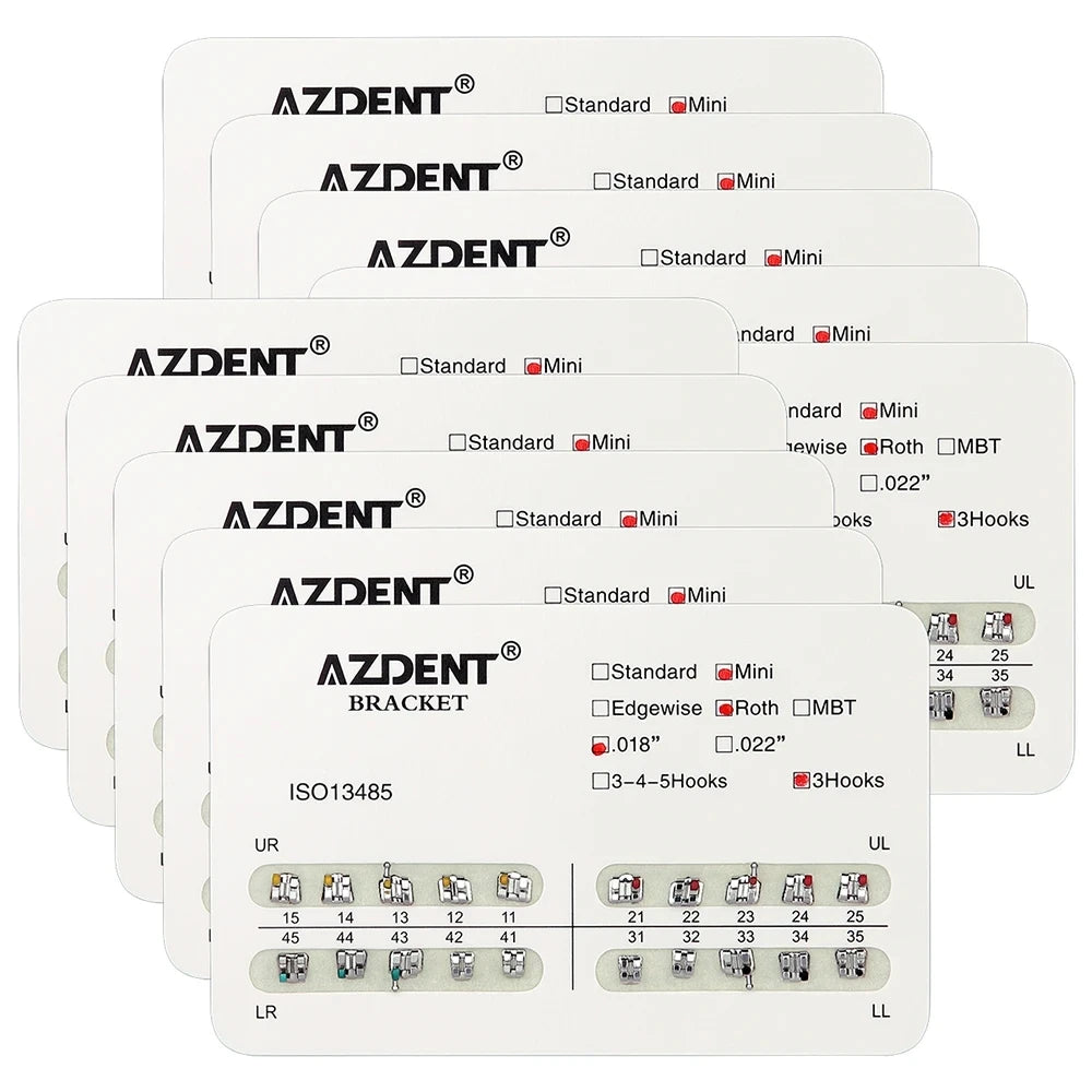 AZDENT 10 Packs Dental Brackets – Orthodontic Metal Mini Standard Roth MBT Slot 0.022/0.018 with Hooks, 20 Pcs per Pack
