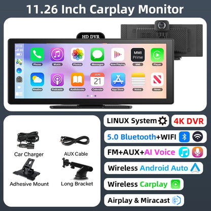 11.26-Inch 4K Dash Cam – Wireless CarPlay & Android Auto, Dual Lens DVR, Bluetooth Audio, GPS Navigation Video Recorder
