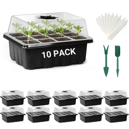 10-Pack Seed Starter Trays with Vent Holes – 12-Grid Mini Greenhouse Planting Kit for Seed Growing & Cultivation