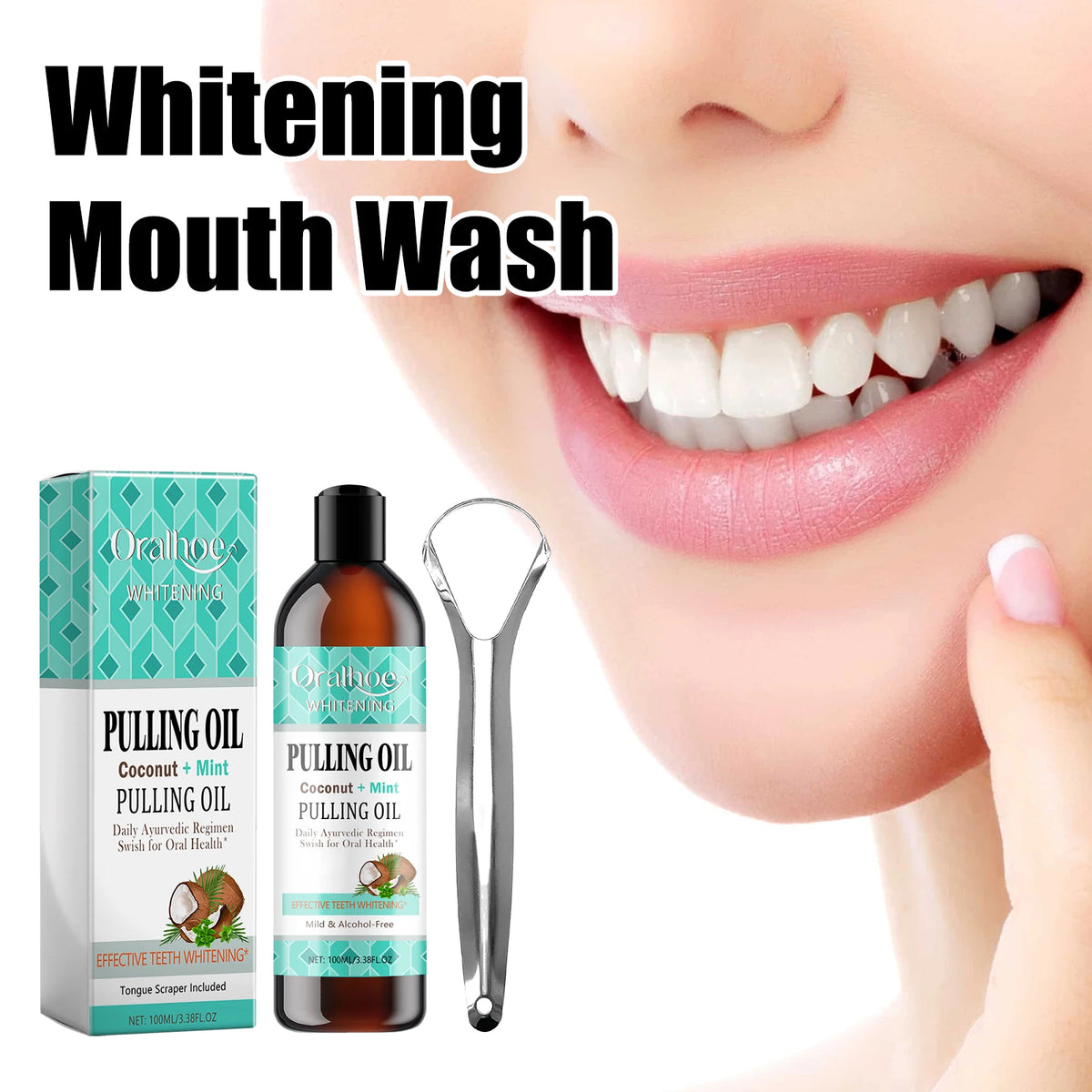 Coconut Mint Oil Pulling Mouthwash Kit - Fresh Breath Oral Care Set with Tongue Scraper for Daily Hygiene