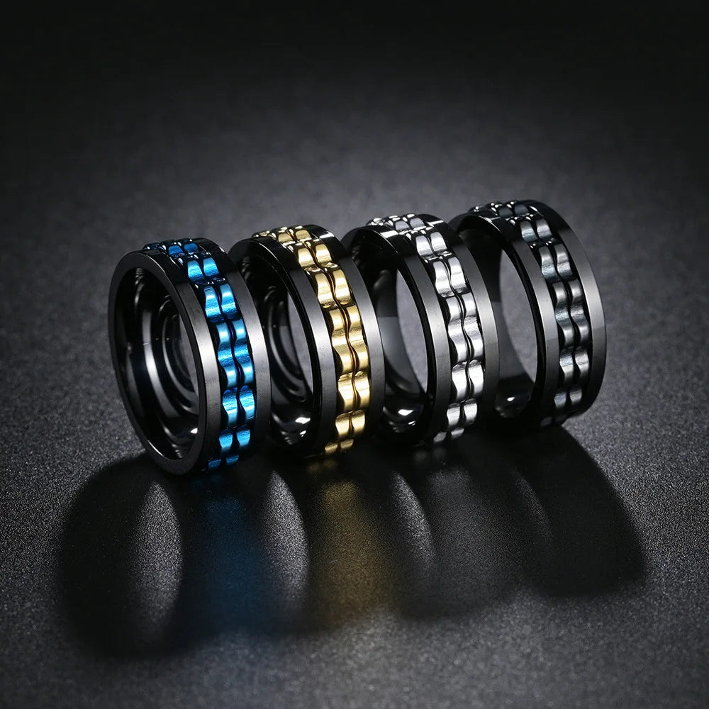 Fashion Punk Gear Fidget Ring — Rotating Titanium Steel Spinner Ring for Men, Biker, Wedding & Party Jewelry
