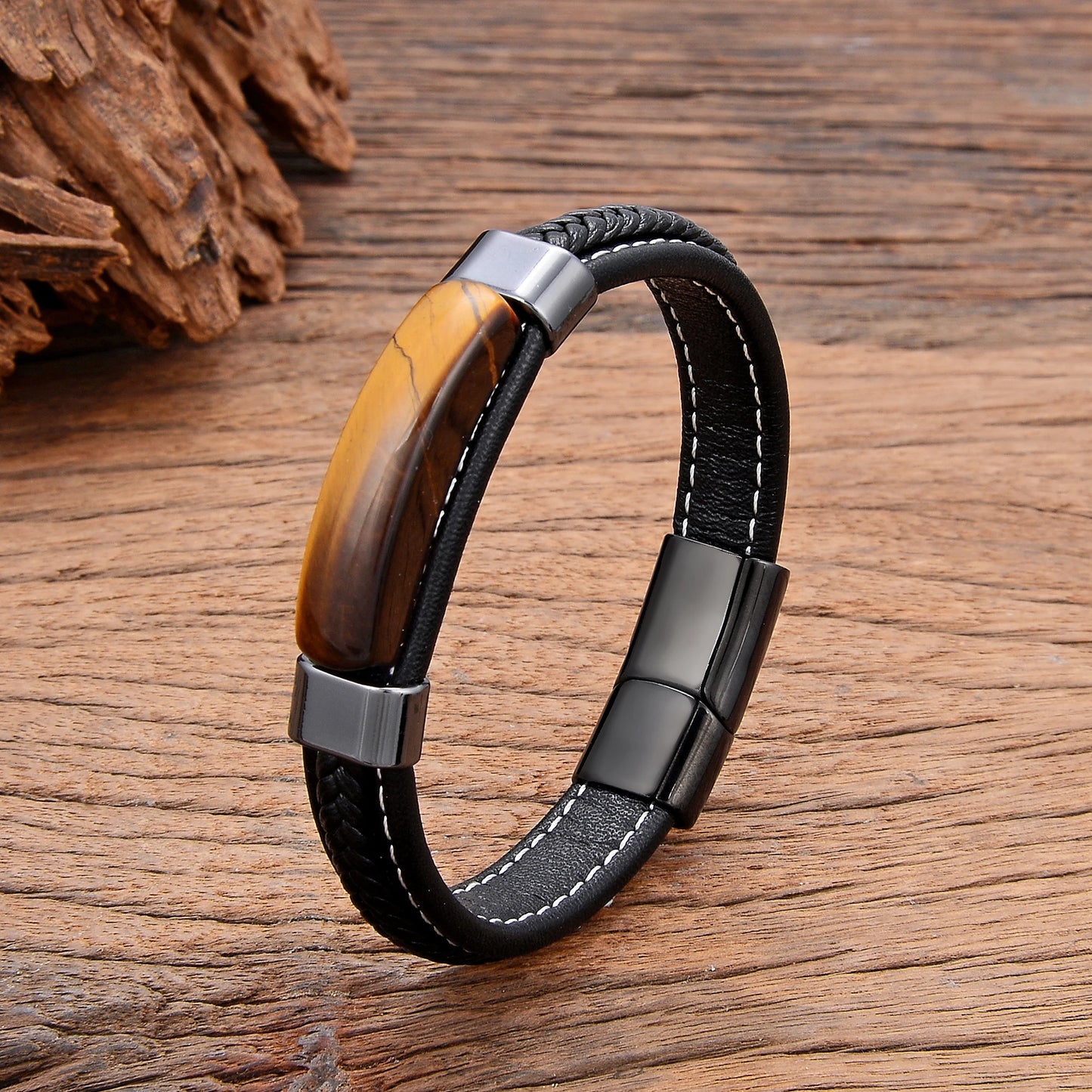 Natural Hematite & Pink Tiger Eye Stone Bracelet – Handmade Braided Leather Men’s Jewelry Bangle 2022