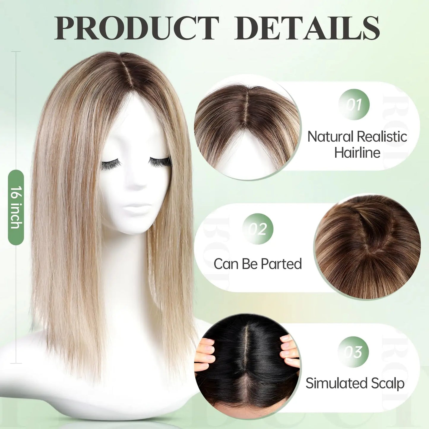 Brown Blonde Highlight Remy Human Hair Toppers – 16 Inch Straight Clip-In Silk Base Hairpiece for Women, Topper Hair Extensions