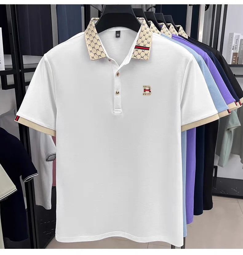 Men's Luxury Color Block Polo Shirt - Embossed Letter Short Sleeve Breathable Summer Fashion Top