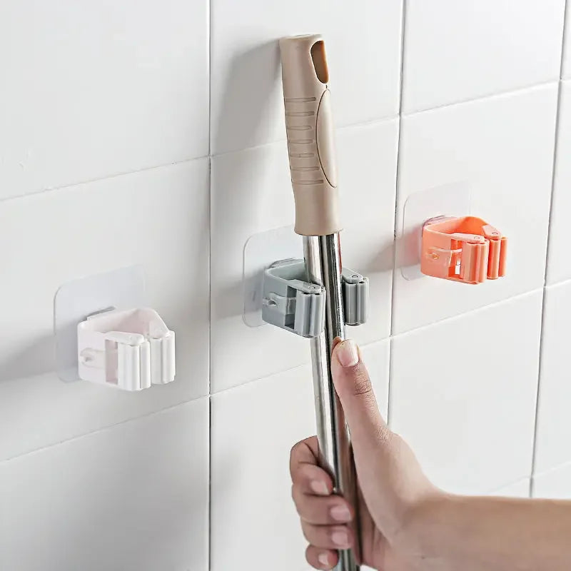 Punch-Free Mop Holder Wall-Mounted Broom Hanger with Self-Adhesive Hooks - Bathroom Shelf for Home Accessories and Bathroom Storage
