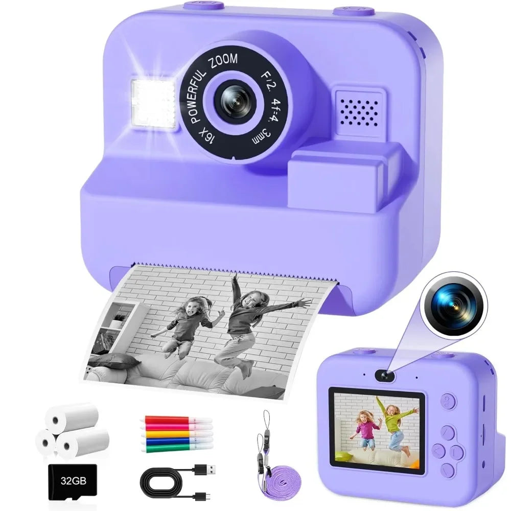 Children's Mini Digital Camera – Thermal Printing, Image Stabilization & 32GB Card Included