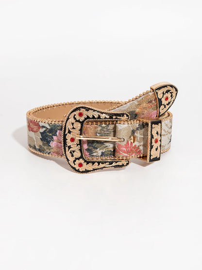 Women’s Gemstone Buckle Belt - Vintage Palace Style Floral Embroidery PU Fashion Accessory
