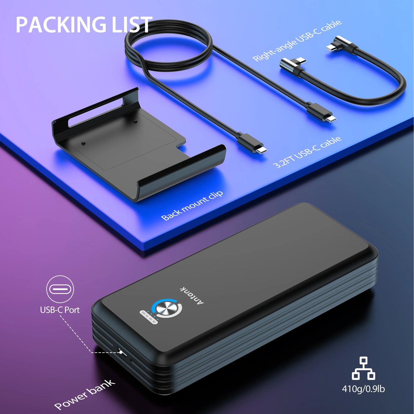 Antank Magnetic Power Bank for Steam Deck — 16,000mAh 45W PD Fast Charging Detachable Battery with Dual USB Cables