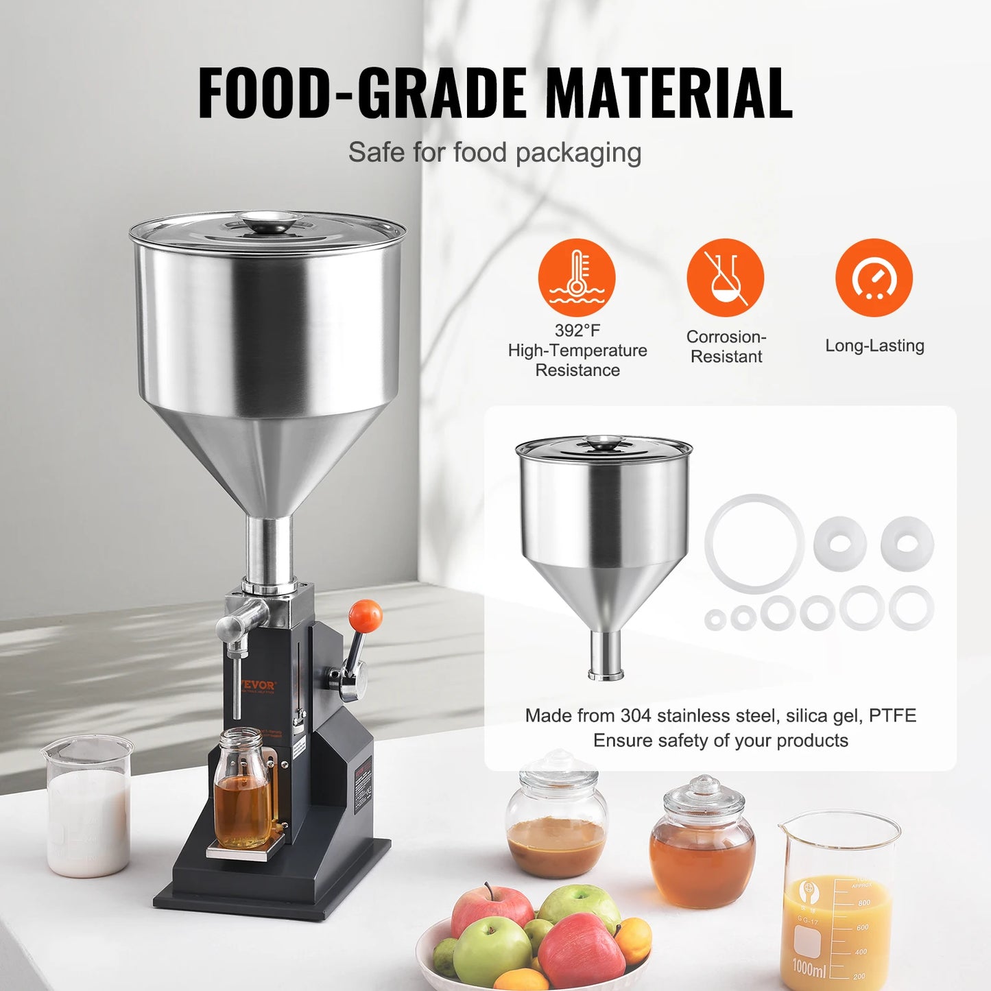 VEVOR A03 Manual Liquid Filling Machine — Adjustable 5-50ml/5-100ml Paste & Bottle Filler with Hopper for Water, Juice, Shampoo & Honey