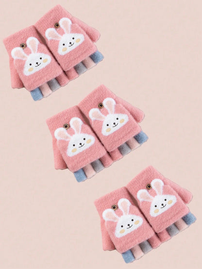 Half-Finger Gloves with Flip-Top Cover - Girls’ Winter Rabbit Fleece Gloves for Writing, Warm Cotton Handwear