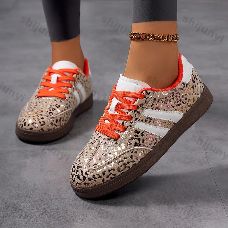 Women’s 2025 Leopard Print Sneakers – Fashionable Outdoor Lace-Up Casual Shoes, Lightweight Comfortable Non-Slip Flats