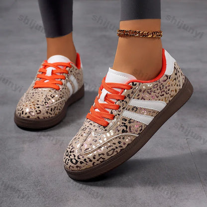 Women’s 2025 Leopard Print Sneakers – Fashionable Outdoor Lace-Up Casual Shoes, Lightweight Comfortable Non-Slip Flats