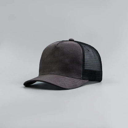 Custom Logo Suede Five Panel Cap - Leather Label Mesh Trucker Hat for Men & Women