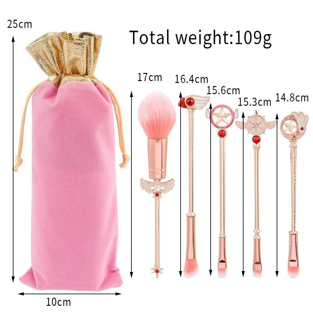 5-Piece Sakura Makeup Brush Set - Soft Fluffy Metal Handle Powder, Eyeshadow & Eyebrow Brushes