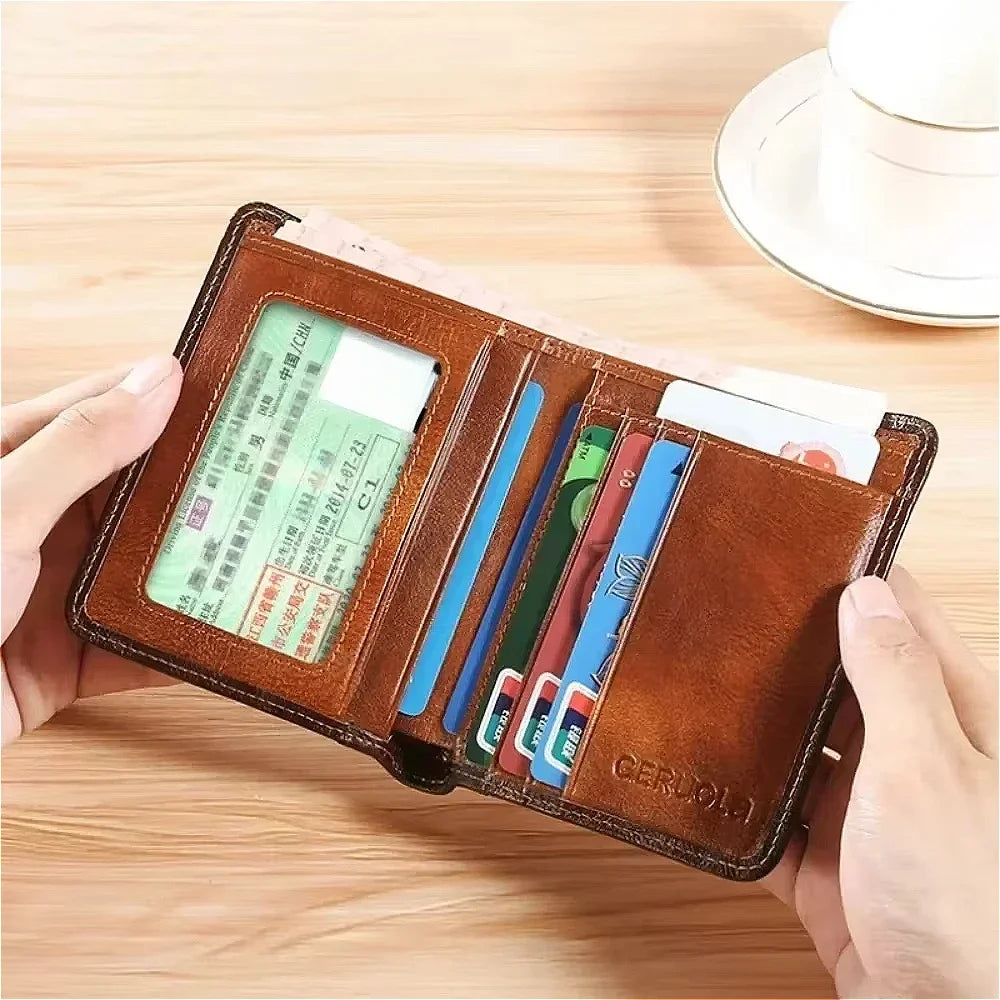 Genuine Leather Men’s Wallet – RFID Blocking Trifold, Vintage Thin ID & Credit Card Holder, Multi-Function Purse