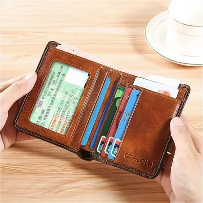 Genuine Leather Men’s Wallet – RFID Blocking Trifold, Vintage Thin ID & Credit Card Holder, Multi-Function Purse