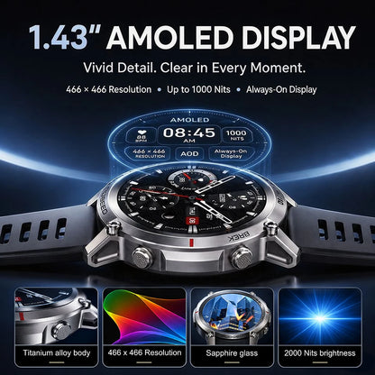 Military GPS Smartwatch for Men - 1.43" AMOLED Display, Bluetooth Calls, Compass, 5ATM Waterproof & 170+ Sports Modes