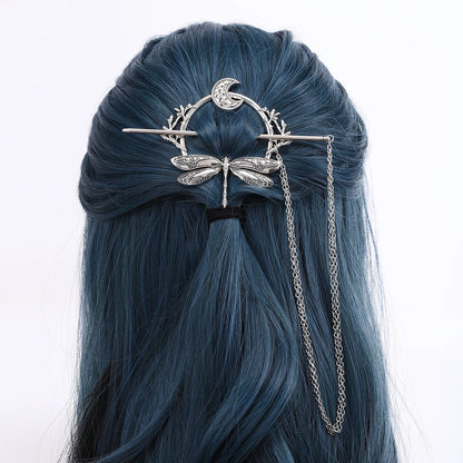 Viking Dragonfly Moon Hairpin - Retro Scandinavian Branch Hair Accessory for Women