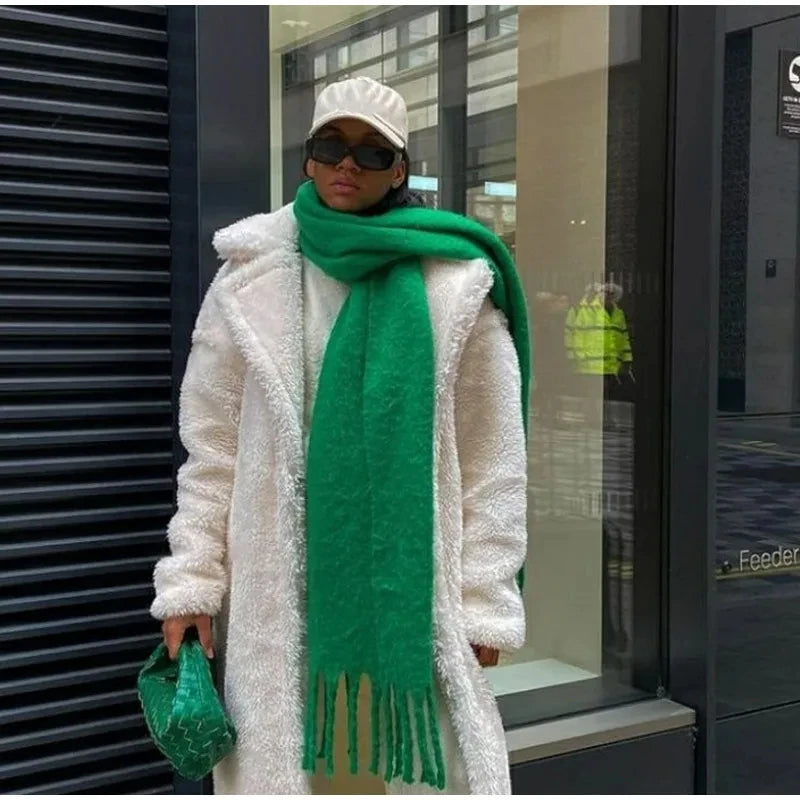 Luxurious Winter Essential: Women's Cashmere Scarf - Thickened Warm Shawl with Classic Tassels, Soft Fluffy Solid Color Shawl
