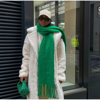 Luxurious Winter Essential: Women's Cashmere Scarf - Thickened Warm Shawl with Classic Tassels, Soft Fluffy Solid Color Shawl