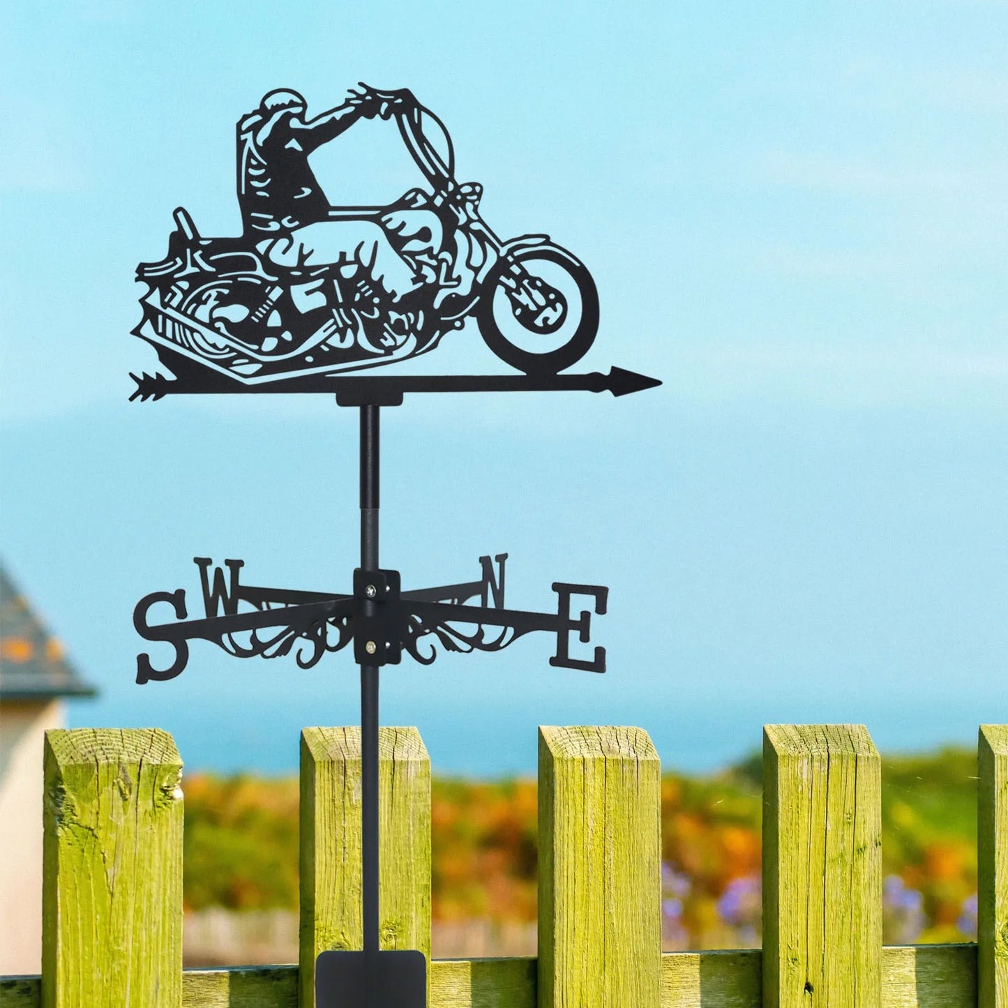 Motorcyclist Weathervane: Black Metal Silhouette Art, Motorcycle-Themed Wind Vane for Outdoor Garden, Roof, and Yard Decor