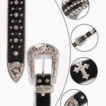 Black Cross Rivet Belt with Engraved Buckle – Rhinestone PU Punk Western Cowboy Cowgirl Jeans Belt