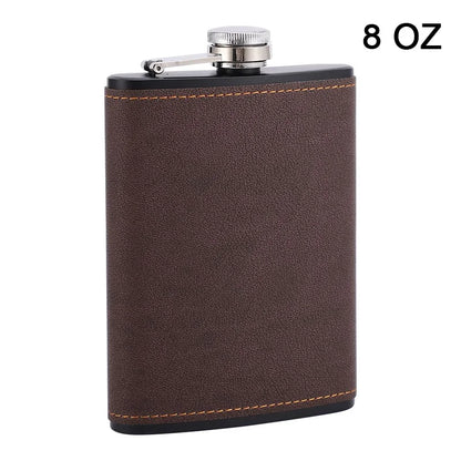 6/8oz Portable Hip Flask – Brown Leather Covered Stainless Steel Flask for Whiskey & Alcohol, Men's Gift