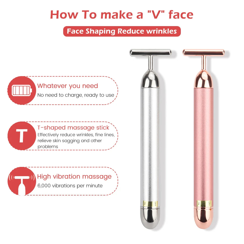 24K Gold Roller Vibrating Facial Massager - Slimming Beauty Pulse for Firming, Lifting, and Tightening Skin, Wrinkle Reduction Bar