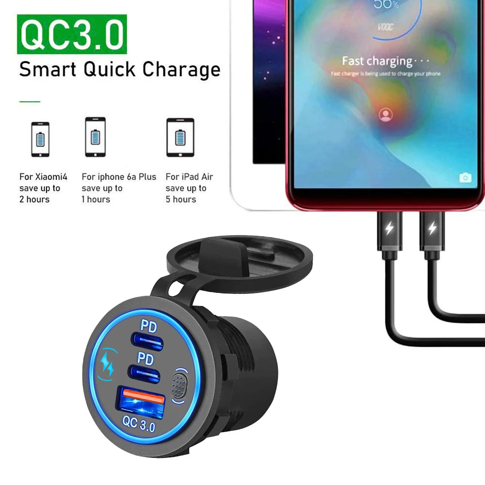 78W Dual USB C Car Charger Socket - PD3.0 & QC3.0 Fast Charging Adapter with LED Touch Switch for 12V/24V Vehicles