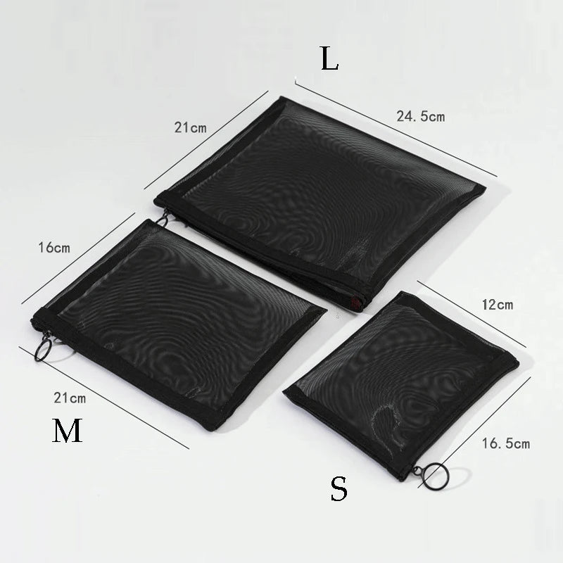 Transparent Mesh Zipper Cosmetic Bag – Fashionable Black Toiletry Organizer, Small & Large Makeup Pouch for Women