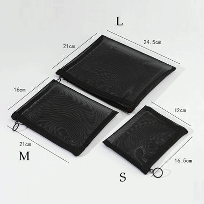 Transparent Mesh Zipper Cosmetic Bag – Fashionable Black Toiletry Organizer, Small & Large Makeup Pouch for Women