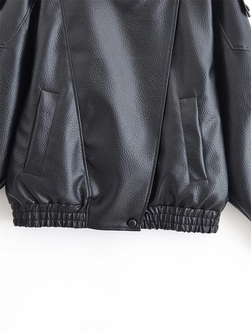 Women's Faux Leather Motorcycle Jacket - 2026 Autumn Black Long Sleeve Fashion Outerwear