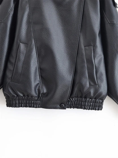 Women's Faux Leather Motorcycle Jacket - 2026 Autumn Black Long Sleeve Fashion Outerwear