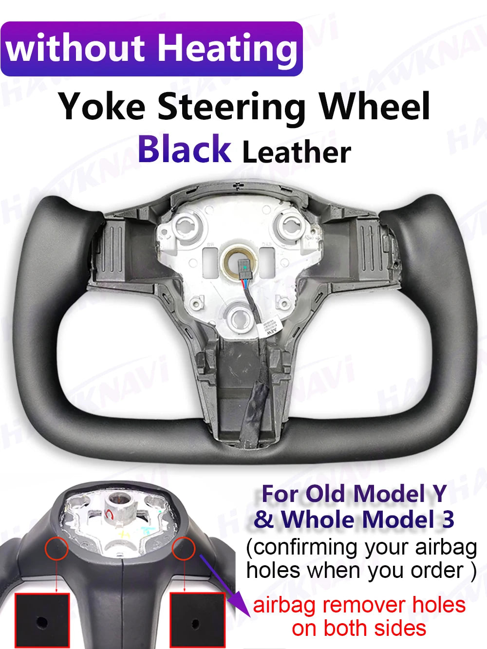 Hawknavi 350mm Yoke Steering Wheel – Leather Racing Style for Tesla Model 3 & Model Y, Heated Optional, White & Black