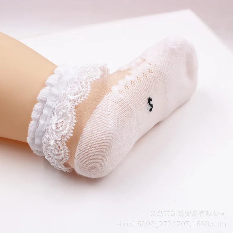 Summer Girls’ Mesh Cotton Socks with Ruffle Lace, Flower Princess Anti-Slip White Socks for Kids