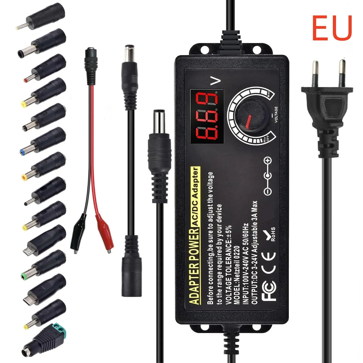 Adjustable AC to DC Power Supply - 3V–24V 3A Universal Laboratory Adapter with EU/US Plug and Alligator Clip