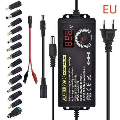 Adjustable AC to DC Power Supply - 3V–24V 3A Universal Laboratory Adapter with EU/US Plug and Alligator Clip