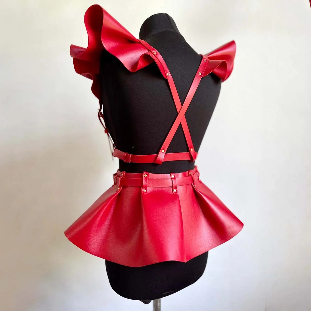 Women’s Gothic Leather Body Harness Belt – Skirt Accessory with Ruffle Hem, Waist & Shoulder Fashion Belt