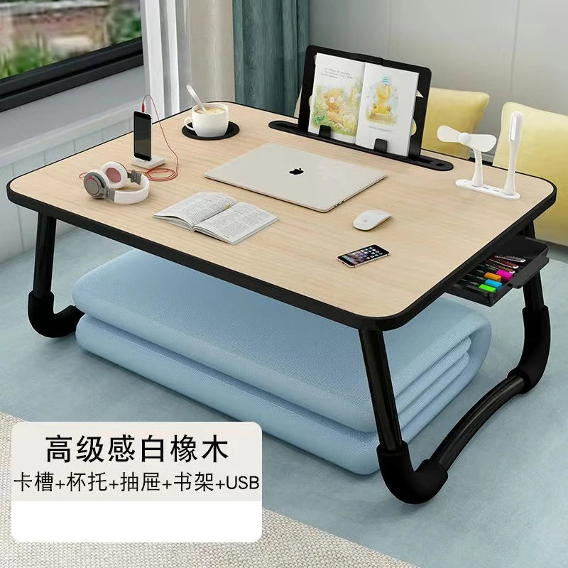 Foldable Laptop Desk for Bed & Sofa – Portable Lap Table with Cup, Book Holder, Drawer, and USB Slot