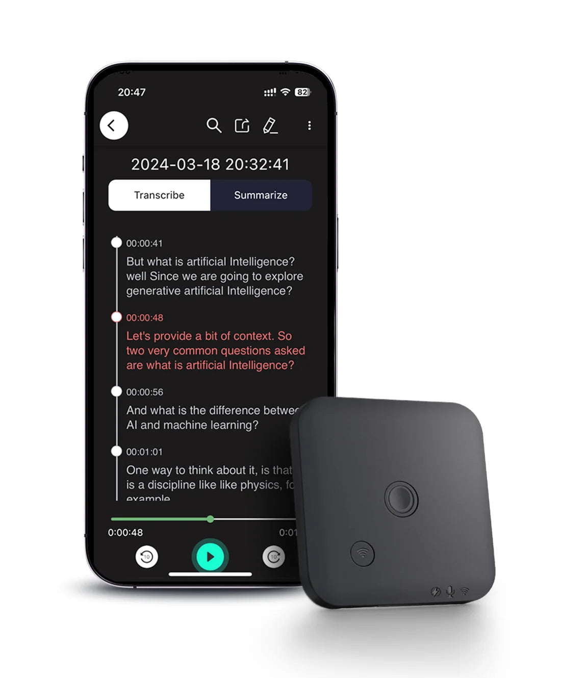 AI Voice & Call Recorder – Speech-to-Text & Summarization, 100 Languages Support, 64GB Storage
