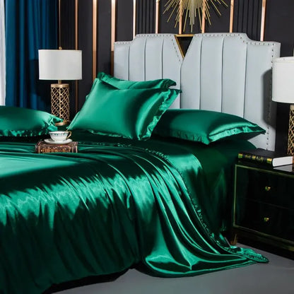 Nordic Silk Bedding Set With Duvet Cover - Luxury Solid Color Bed Sheet & Pillowcase Set For Single Double Couple Summer Bed Linen