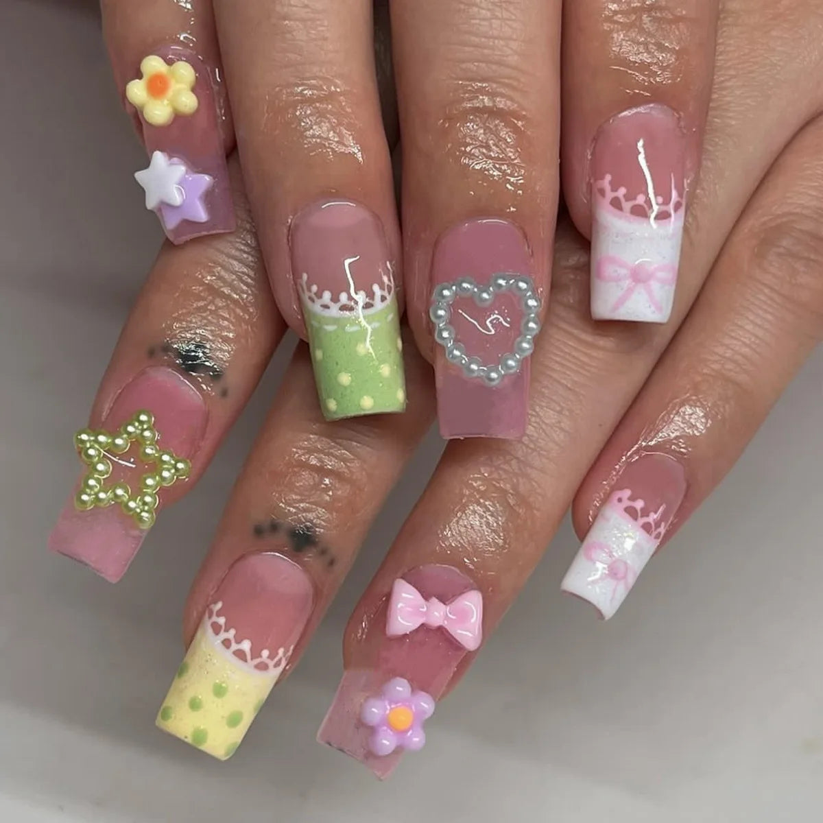 24PCS Y2K Sweet Stars Press-On Nails - Blue Brown Striped French Style Autumn Vintage Wave Point Fake Nail Set