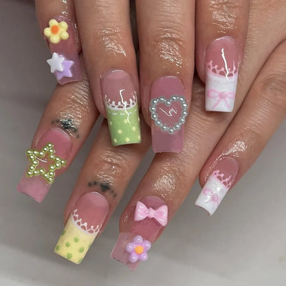 24PCS Y2K Sweet Stars Press-On Nails - Blue Brown Striped French Style Autumn Vintage Wave Point Fake Nail Set