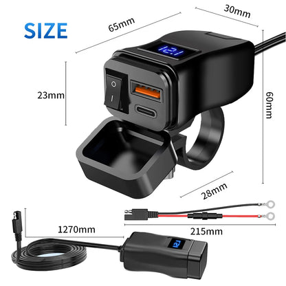 60W PD QC3.0 Motorcycle USB Fast Charger - Dual USB Handlebar Socket With Switch Voltmeter Waterproof 12V Power Adapter