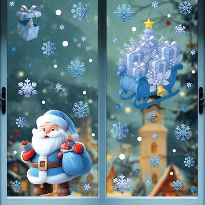 Christmas Blue Snowman Window Stickers – Santa, Snowflake, Bird & Elk Ornaments for Merry Christmas 2025 and Happy New Year 2026