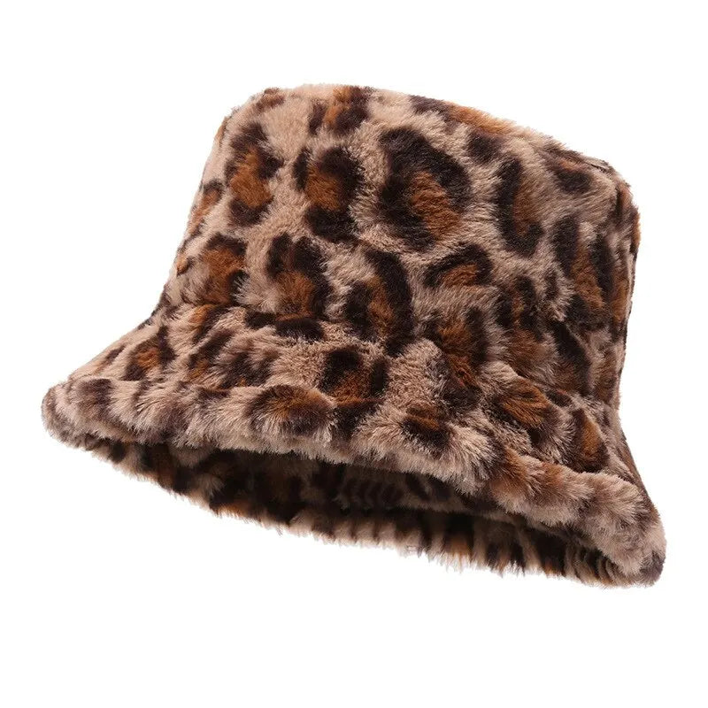 Women’s Winter Leopard Print Fisherman Hat – Versatile Plush Bucket Hat, Warm Pot-Style Headwear