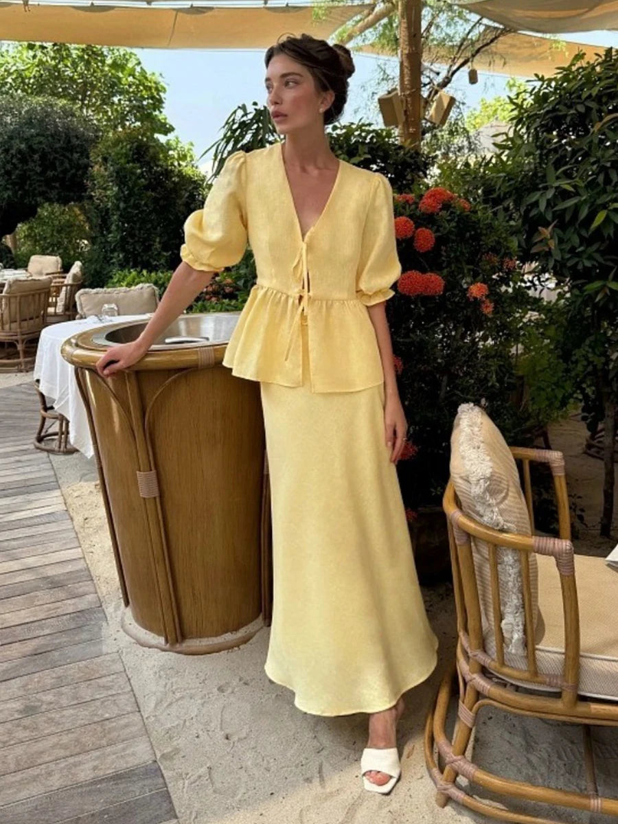 Bornladies Women’s 100% Cotton Summer Two-Piece Set – V-Neck Lace-Up Bubble Sleeve Top & Long Skirt Casual Loose Outfit 2025
